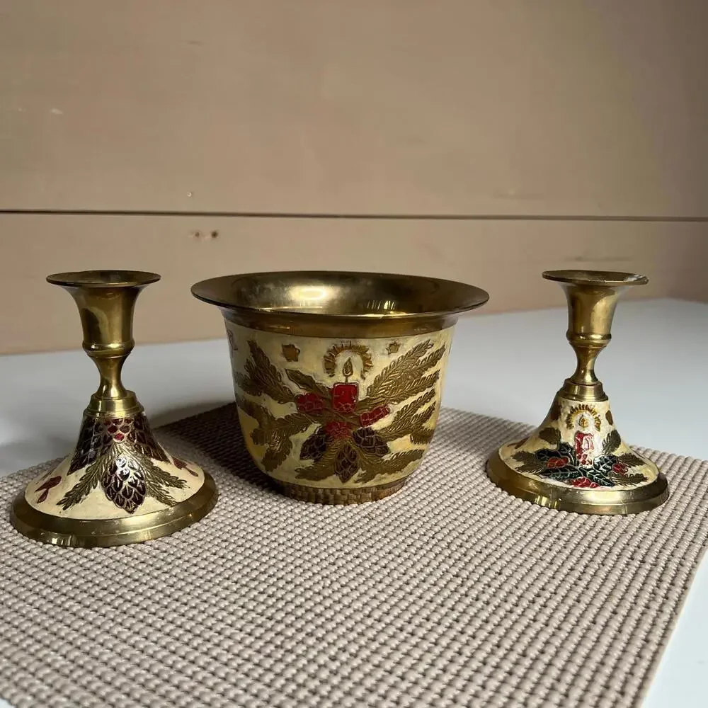 Vintage Brass Candle Holder & Bowl Set Christmas Enamel Made in India Holiday De